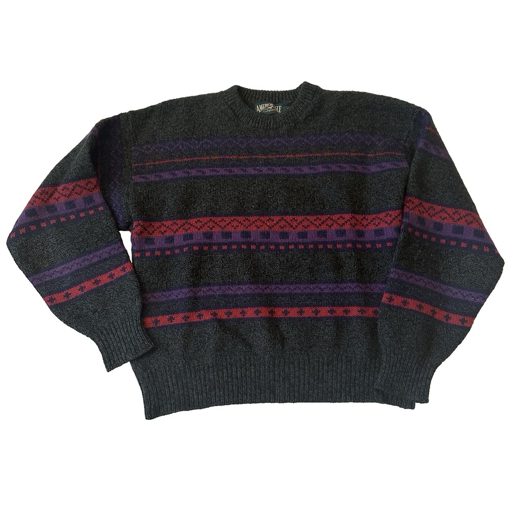 American Eagle Sweater Men's L Gray Stripe Wool Pullover Vintage‎ 90s Casual Y2K